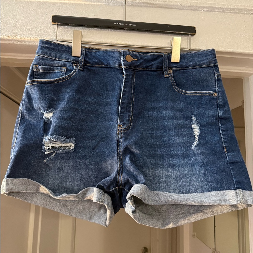 Fashion Nova Dark Blue Distressed Jean Shorts